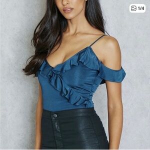 Topshop Ruffle Bodysuit navy blue shimmer off shoulder size 2 holidays